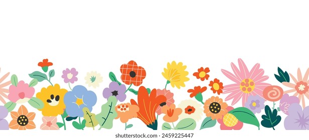 Vector de fondo floral plano de primavera. Horizontal patrón floral sin costuras. Estampado de arte botánico para Feliz Pascua, decoración del hogar estilo Folk, decoración de la pared y tela. 