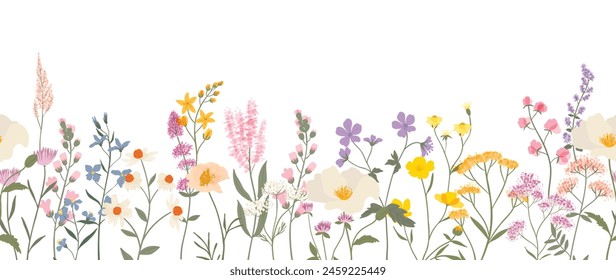 Vector de fondo floral plano de primavera. Horizontal patrón floral sin costuras. Estampado de arte botánico para Feliz Pascua, decoración del hogar estilo Folk, decoración de la pared y tela. 