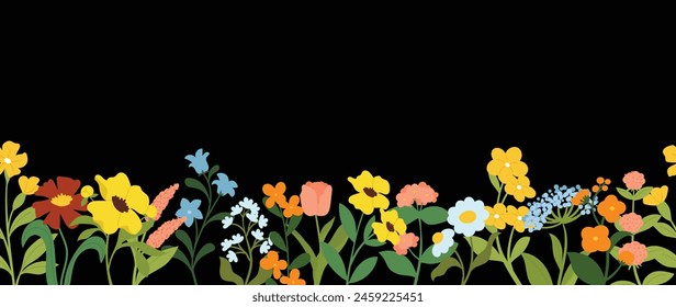 Spring flat flower background vector. Horizontal seamless floral pattern. Botanical art print for Happy Easter, Folk style home decor , Wall decoration, and fabric. 