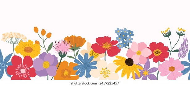 Vector de fondo floral plano de primavera. Horizontal patrón floral sin costuras. Estampado de arte botánico para Feliz Pascua, decoración del hogar estilo Folk, decoración de la pared y tela. 