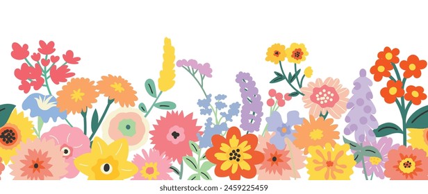 Spring flat flower background vector. Horizontal seamless floral pattern. Botanical art print for Happy Easter, Folk style home decor , Wall decoration, and fabric. 