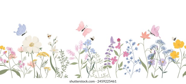 Spring flat flower background vector. Horizontal seamless floral pattern. Botanical art print for Happy Easter, Folk style home decor , Wall decoration, and fabric. 