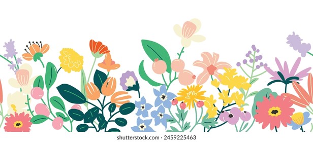 Vector de fondo floral plano de primavera. Horizontal patrón floral sin costuras. Estampado de arte botánico para Feliz Pascua, decoración del hogar estilo Folk, decoración de la pared y tela. 