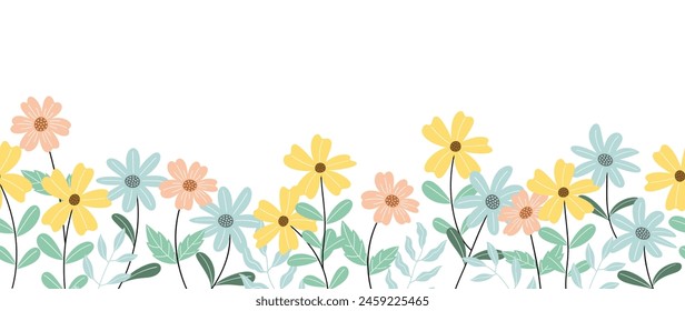 Spring flat flower background vector. Horizontal seamless floral pattern. Botanical art print for Happy Easter, Folk style home decor , Wall decoration, and fabric. 