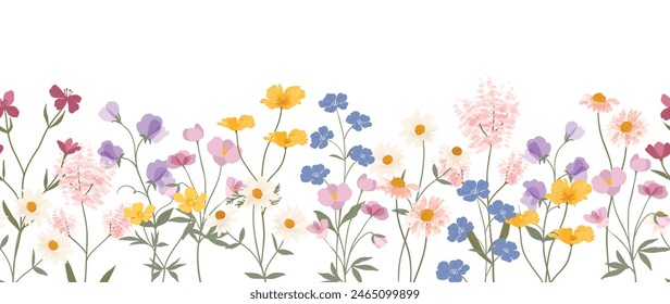 Spring flat flower background vector. Horizontal seamless floral pattern. Botanical art print for Happy Easter, Folk style home decor , Wall decoration, and fabric.