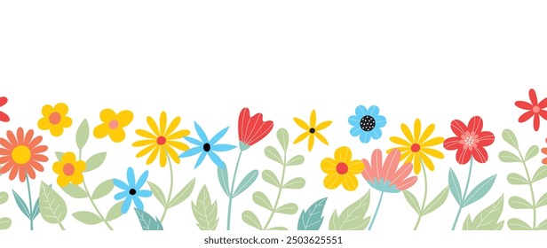 Vector de fondo de flor plana de primavera. Horizontal patrón floral sin fisuras. Impresión del arte botánico para la Pascua feliz, decoración casera del estilo de Folk, decoración de la pared, y tela. 