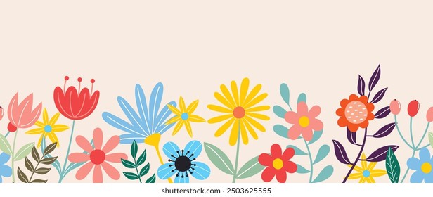 Spring flat flower background vector. Horizontal seamless floral pattern. Botanical art print for Happy Easter, Folk style home decor , Wall decoration, and fabric. 