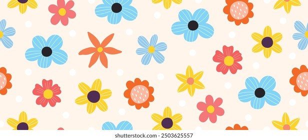 Spring flat flower background vector. Horizontal seamless floral pattern. Botanical art print for Happy Easter, Folk style home decor , Wall decoration, and fabric. 
