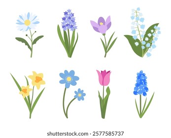 Spring Flat Flower Set. Collection of Simple Flower with Leave, Branche, Petal. Cute Modern Vector Floral Element Isolated on White Background. Hand drawn blossom illustration for Wedding, Easter.
