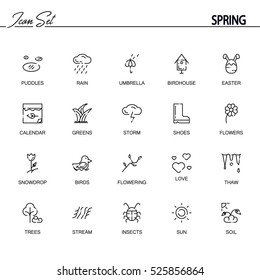 Spring flat icon set. Collection of high quality outline symbols of season for web design, mobile app. Vector thin line vector icons or logo of insects, sun, flower, rain, bird, etc