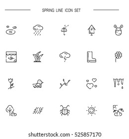 Spring flat icon set. Collection of high quality outline symbols of season for web design, mobile app. Vector thin line vector icons or logo of insects, sun, flower, rain, bird, etc