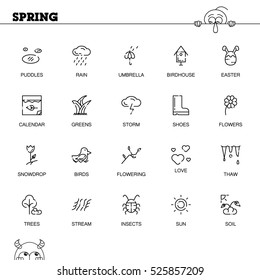 Spring flat icon set. Collection of high quality outline symbols of season for web design, mobile app. Vector thin line vector icons or logo of insects, sun, flower, rain, bird, etc