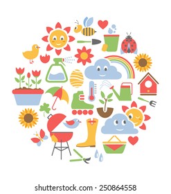 Spring flat icons in circle isolated on white background