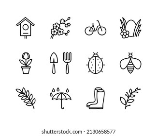 Spring flat line icons set. Flowers and Gardening Equipment, springtime. Simple flat vector illustration for web site or mobile app.