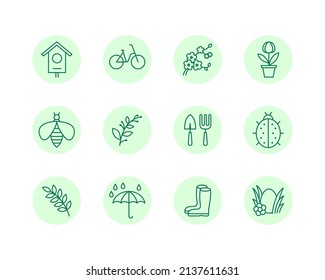 Spring flat line icons set. Flowers and Gardening Equipment, springtime. Simple flat vector illustration for web site or mobile app.
