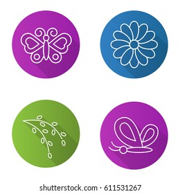 Spring flat linear long shadow icons set. Butterflies, camomile flower, willow blossom. Nature. Vector line illustration