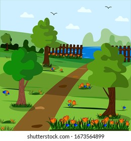 Spring flat style landscape with trees, flowers, a fence and a river