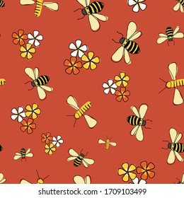 spring flight, Bees and flowers seamless pattern Vector on orange background. surface pattern design