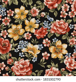 spring floral abstract fabric print, yellow pink blue flower