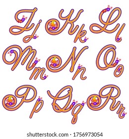 Spring floral alphabets. Paisley alphabet set. Jklmnopqr collection. Glitter mango yellow gradient curly letters. Vector stock characters with scattered dots. Calligraphy lettering illustration.