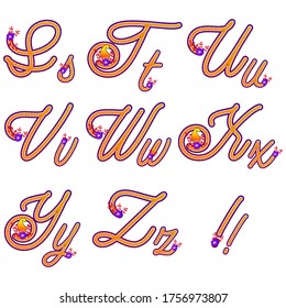 Spring floral alphabets. Paisley alphabet set. Stuvwxyz collection. Glitter mango yellow gradient curly letters. Vector stock characters with scattered dots. Calligraphy lettering illustration.