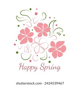 Spring floral arrangement of airy pink flowers and green leaves. Lightweight vector illustration in flat style. Happy spring inscription