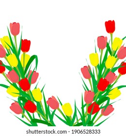 Spring floral arrangement from tulips flowers. Festive greeting card with copy space. Flat lay.