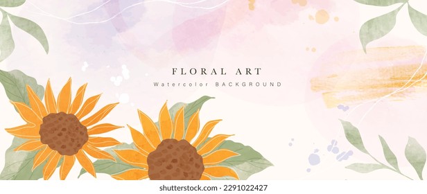 Frühlingsfloraler Kunsthintergrund, Vektorgrafik. Botanische Aquarellfarbe handgezeichnet Sonnenblumen, Blätter, Pflanzen. Blossom Design-Illustration für Tapete, Banner, Druck, Poster, Deckel, Grußkarte und Einladungskarte.