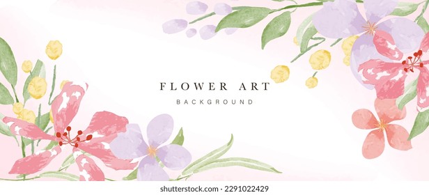 Frühlingsfloraler Kunsthintergrund, Vektorgrafik. Botanische Aquarellfarben handgezeichnete Blumen, Blätter, Pflanzen. Blossom Design-Illustration für Tapete, Banner, Druck, Poster, Deckel, Grußkarte und Einladungskarte.