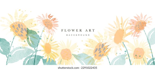 Spring floral art background vector. Botanical watercolor hand drawn sunflowers, leaves, plants. Blossom design illustration for wallpaper, banner, print, poster, cover, greeting and invitation card.