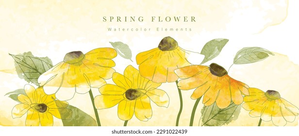 Frühlingsfloraler Kunsthintergrund, Vektorgrafik. Botanische Aquarellfarbe handgezeichnet Sonnenblumen, Blätter, Pflanzen. Blossom Design-Illustration für Tapete, Banner, Druck, Poster, Deckel, Grußkarte und Einladungskarte.
