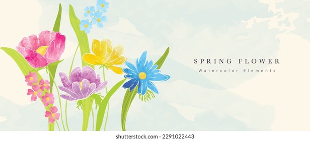 Vector de fondo de arte floral de primavera. Flores, hojas, plantas dibujadas a mano con acuarela botánica. Ilustración de diseño de Blossom para papel de pared, banner, impresión, afiche, portada, saludo y tarjeta de invitación.