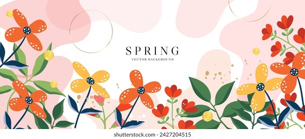 Ilustración de vector de fondo de arte floral de primavera. Acuarela pintada a mano flor botánica, hojas, insectos, mariposas. Diseño para papel pintado, póster, banner, tarjeta, impresión, web y embalaje.