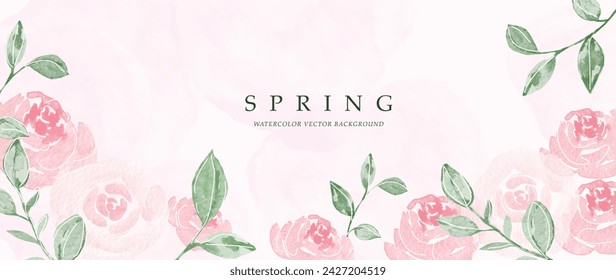 Spring floral art background vector illustration. Watercolor hand painted botanical flower, leaves, insect, butterflies. Design for wallpaper, poster, banner, card, print, web and packaging.