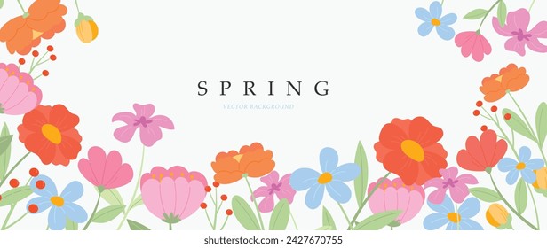 Spring floral art background vector illustration. Hand painted botanical flower, leaves, insect, butterflies. Design for wallpaper, poster, banner, card, print, web and packaging.