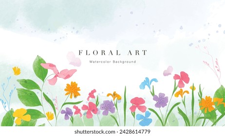 Spring floral art background vector illustration. Watercolor hand painted botanical flower, leaves, insect, butterflies. Design for wallpaper, poster, banner, card, print, web and packaging.