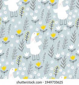 Spring floral background. Abstract seamless pattern with wild flowers and goose