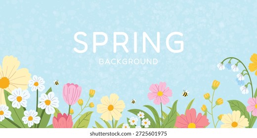Fondo floral de primavera con flores en flor, hojas verdes y abejas lindas. Diseño botánico para Anuncio, cartel, tarjeta de felicitación o decoración de temporada. Ilustración vectorial plana con espacio de copia.