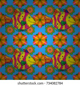 Spring floral background with blue, orange and yellow flowers. Small colorful flowers. The elegant the template for fashion prints. Vector cute pattern in small flower. Motley illustration.