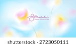 Spring floral background. Blurred gradient ethereal flowers. Blue sky, white, yellow, pink macro flowers. 8 March greeting card. Spring blooming field. Horizontal natural landscape.