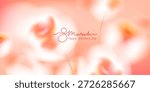 Spring floral background. Blurred gradient ethereal white flowers. Pink, red macro buds. Spring blooming field with tulips.