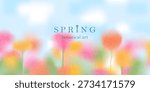 Spring floral background. Blurred gradient ethereal flower field. Pink, red, yellow  blooms. Noisy, grainy texture.