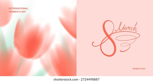 Fondo floral de primavera. Flores etéreas de gradiente borroso. Macro tulipanes rosas y rojos. Set de tarjetas de felicitación del 8 de marzo. Campo floreciente de primavera con tulipanes. 
