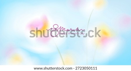 Spring floral background. Blurred gradient ethereal flowers. Blue sky, white, yellow, pink macro flowers. 8 March greeting card. Spring blooming field. Horizontal natural landscape.
