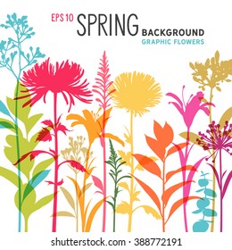 Spring Floral Background and Border with Flowers, Branches and Stems