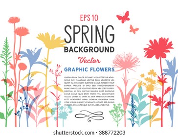 Spring Floral Background and Border with Flowers, Branches and Stems