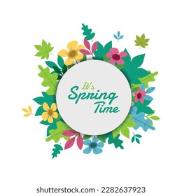 Spring floral background in circular frame with butterflies and flowers vector illustration design. Spring circle frame greeting card and flowers decoration.