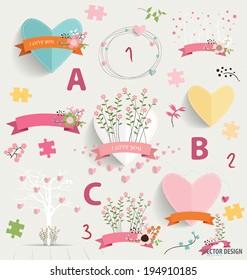 Spring floral background with cute floral bouquets, heart, tree, and ribbon. Vector illustration.