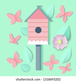 Spring floral background for design in realistic paper cut style