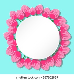 Spring floral background with empty paper card note, vector eps 10 - round floral frame or border, spring concept, cut paper art style